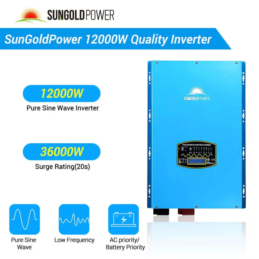 Sungold Power | COMPLETE OFF GRID SOLAR KIT 12000W 48V 120V/240V OUTPUT 10.24KWH LITHIUM BATTERY 5400 WATT SOLAR PANEL