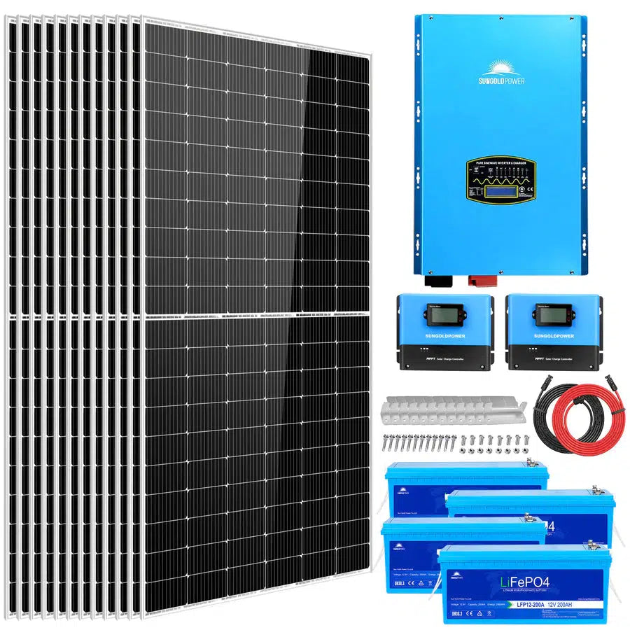 Sungold Power | COMPLETE OFF GRID SOLAR KIT 12000W 48V 120V/240V OUTPUT 10.24KWH LITHIUM BATTERY 5400 WATT SOLAR PANEL