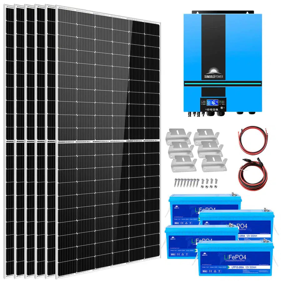 Sungold Power | COMPLETE OFF GRID SOLAR KIT 6500W 48V 120V OUTPUT 10.24KWH LITHIUM BATTERY 2700 WATT SOLAR PANEL